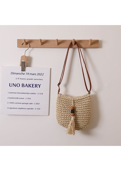 Crossbody Hasır Çanta Yeni Stil Ahşap Boncuk Püskül Hasır Çanta Dokuma Çanta Plaj Çantası Omuzdan Askili Çanta Kadınlar Için Beyaz (Yurt Dışından)