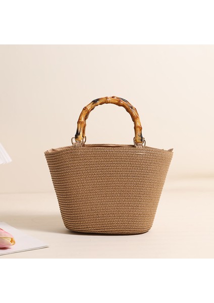 El Tipi Hasır Çanta Yeni Stil Çizgili Hasır Çanta Dokuma Çanta Çok Yönlü Kadın Çantası Kahverengi (Yurt Dışından)