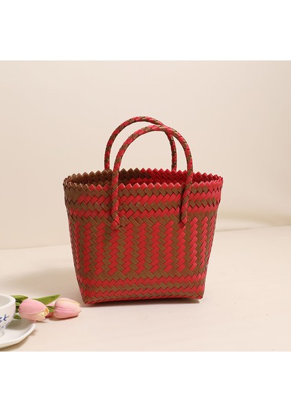 Kırmızı Plastik Dokuma Çanta Yeni Kare Çanta Kadın Çantası Sahil Tatil Plaj Çantası Kırmızı (Yurt Dışından)
