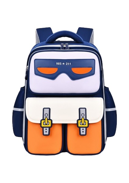 Yeni Ilkokul Öğrencisi Okul Çantası Karikatür Hafif ve Yük Azaltıcı, Büyük Kapasiteli Çocuk Sırt Çantası1-6seviye Koyu Mavi Turuncu Büyük (Yurt Dışından)