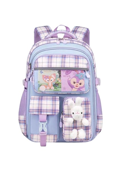 Ekose Sırt Çantası Öğrenci Okul Çantası Tavşan Büyük Kapasiteli Sırt Çantası Ultra Hafif Orta Okul Çantası Azaltma Mavi Trompet (Yurt Dışından)