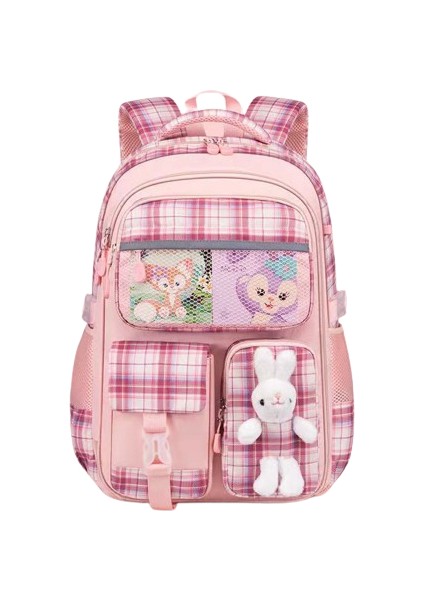 Ekose Sırt Çantası Öğrenci Okul Çantası Tavşan Büyük Kapasiteli Sırt Çantası Ultra Hafif Orta Okul Çantası Azaltma Pembe Trompet (Yurt Dışından)