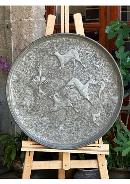 Antika Ceylan Figürlü Kabartma Bakır Sini 73cm