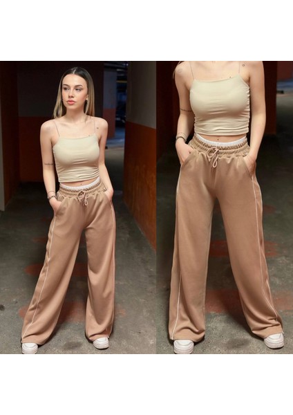 Kadın Camel Cepli Beli Lastikli Kemer Detaylı Şeritli Bol Paça Model Eşofman Altı HZL24S-ZK13001