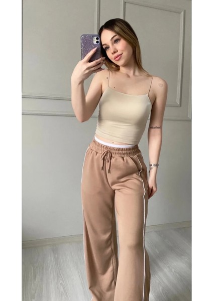 Kadın Camel Cepli Beli Lastikli Kemer Detaylı Şeritli Bol Paça Model Eşofman Altı HZL24S-ZK13001