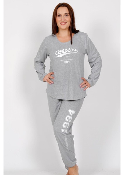 Kadın Büyük Beden Gri Uzun Kollu Yuvarlak Yaka Oval Etek Pamuklu Pijama Takımı Tam Kalıp