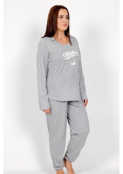 Kadın Büyük Beden Gri Uzun Kollu Yuvarlak Yaka Oval Etek Pamuklu Pijama Takımı Tam Kalıp fiyatları