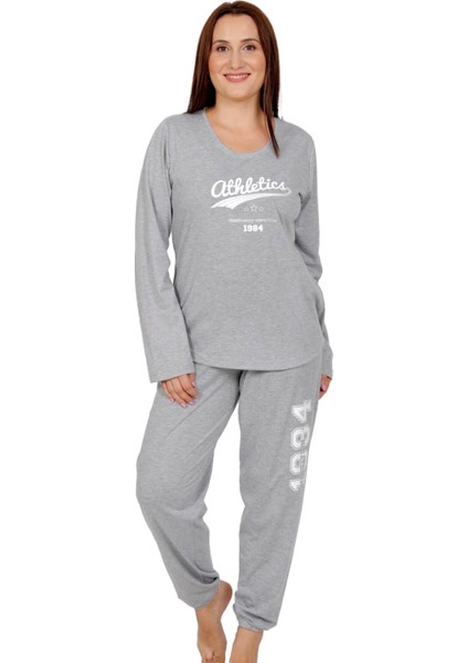 Kadın Büyük Beden Gri Uzun Kollu Yuvarlak Yaka Oval Etek Pamuklu Pijama Takımı Tam Kalıp modelleri