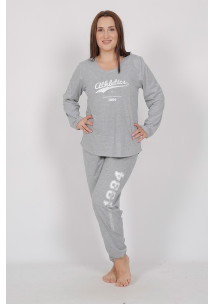 Kadın Büyük Beden Gri Uzun Kollu Yuvarlak Yaka Oval Etek Pamuklu Pijama Takımı Tam Kalıp fırsatları