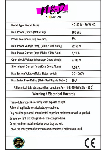 N&D Lighting 160 Watt Half Cut Monokristal Solar Güneş Enerji Paneli