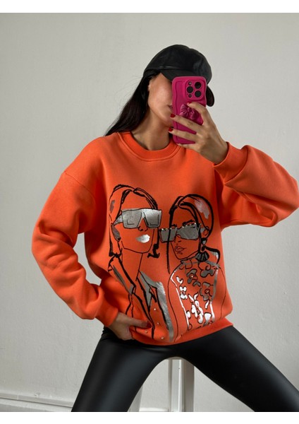 Yavru Ağzı Baskılı Taş Işlemeli Şardonlu Oversize Sweatshirt 26228