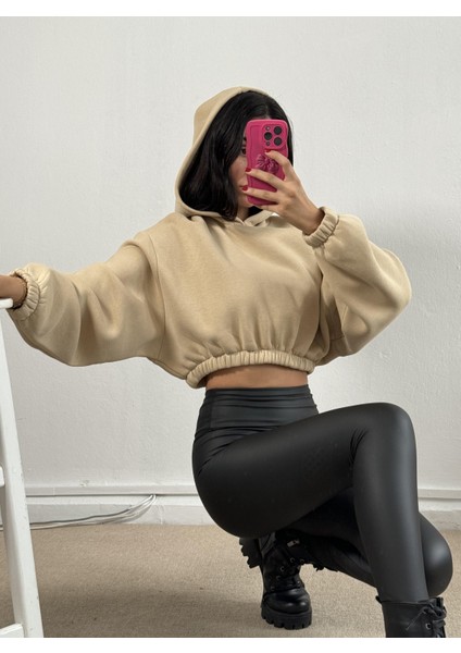 Kum Beji Kapşonlu Geniş Kesim Şardonlu Crop Sweatshirt 26260 fiyatları