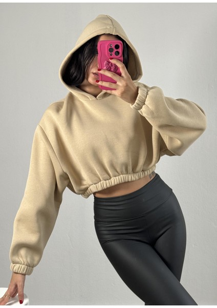 Kum Beji Kapşonlu Geniş Kesim Şardonlu Crop Sweatshirt 26260 indirimleri