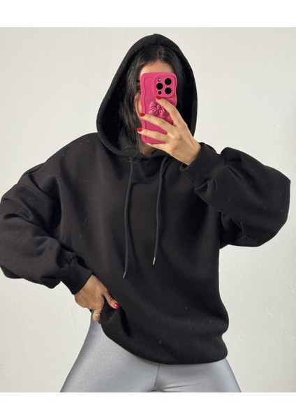 Siyah Şardonlu Kapşonlu Oversize Basic Sweatshirt 26259