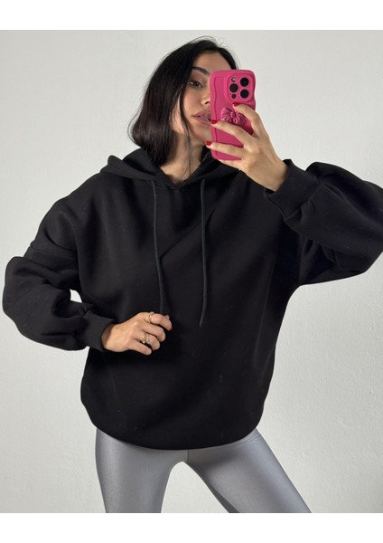 Siyah Şardonlu Kapşonlu Oversize Basic Sweatshirt 26259