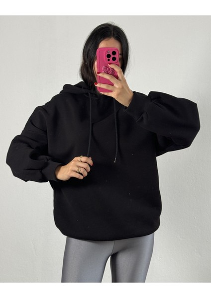 Siyah Şardonlu Kapşonlu Oversize Basic Sweatshirt 26259