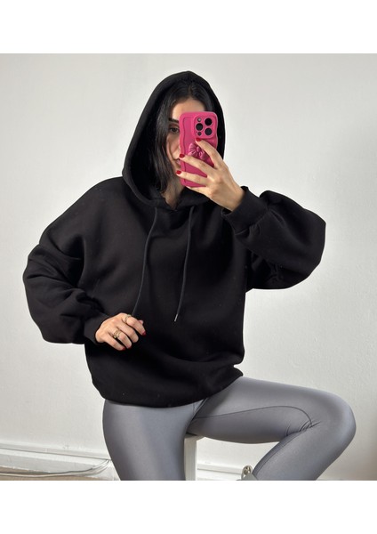 Siyah Şardonlu Kapşonlu Oversize Basic Sweatshirt 26259