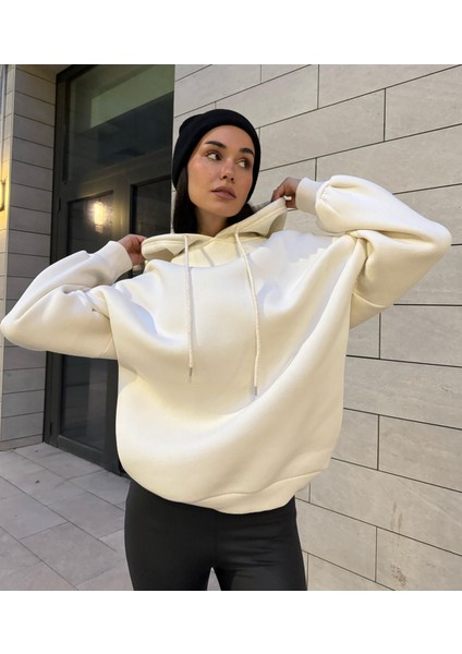 Kutup Beyazı Şardonlu Kapşonlu Oversize Basic Sweatshirt 26259