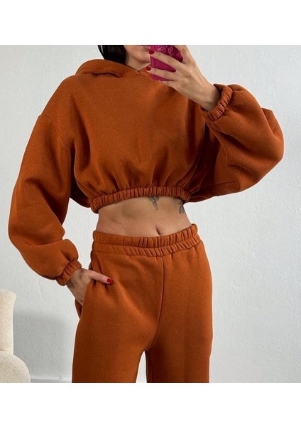 Karamel Kapşonlu Geniş Kesim Şardonlu Crop Sweatshirt 26260