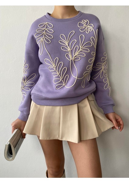 Lila Nakışlı Kısa Sweatshirt 26071 fırsatları