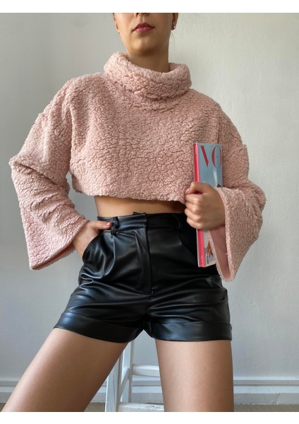 Pembe Balıkçı Yaka Crop Oversize Pelüş Sweatshirt 26252