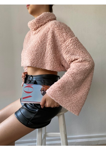 Pembe Balıkçı Yaka Crop Oversize Pelüş Sweatshirt 26252