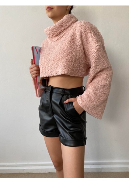 Pembe Balıkçı Yaka Crop Oversize Pelüş Sweatshirt 26252