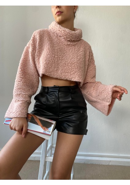 Pembe Balıkçı Yaka Crop Oversize Pelüş Sweatshirt 26252