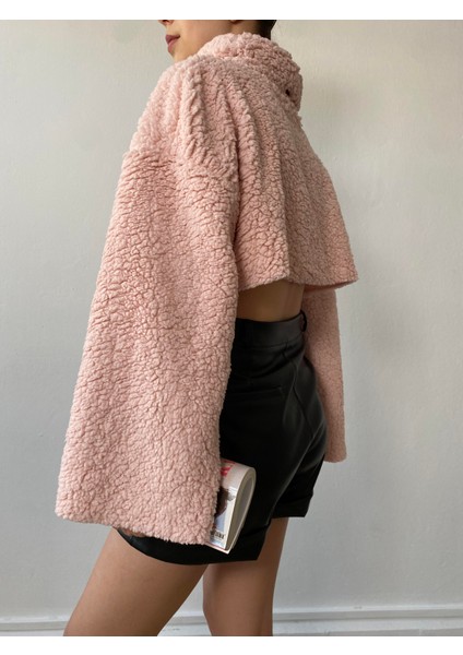 Pembe Balıkçı Yaka Crop Oversize Pelüş Sweatshirt 26252