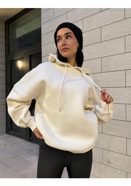 Kutup Beyazı Şardonlu Kapşonlu Oversize Basic Sweatshirt 26259 fiyatları