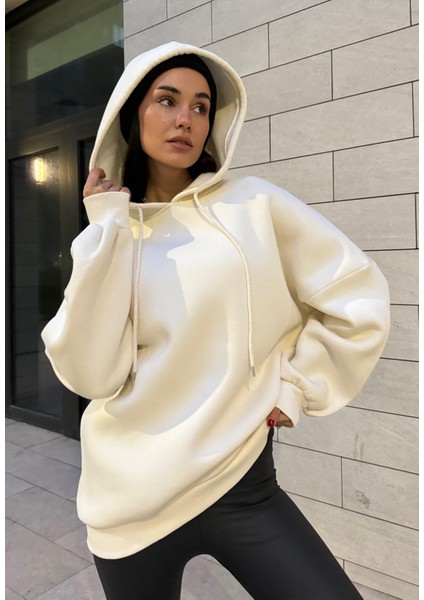 Kutup Beyazı Şardonlu Kapşonlu Oversize Basic Sweatshirt 26259 fırsatları