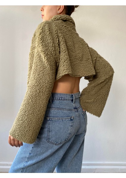 Haki Balıkçı Yaka Crop Oversize Pelüş Sweatshirt 26252 modelleri