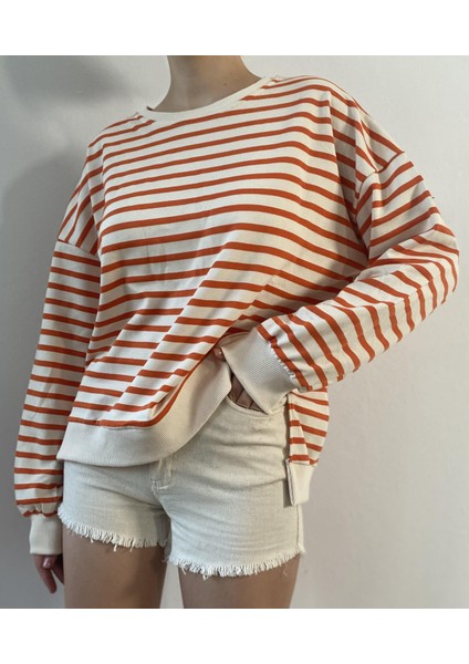 Oranj Çizgili Oversize Sweatshirt 26112