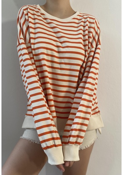 Oranj Çizgili Oversize Sweatshirt 26112