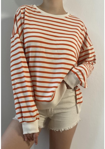 Oranj Çizgili Oversize Sweatshirt 26112