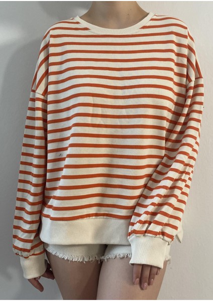 Oranj Çizgili Oversize Sweatshirt 26112