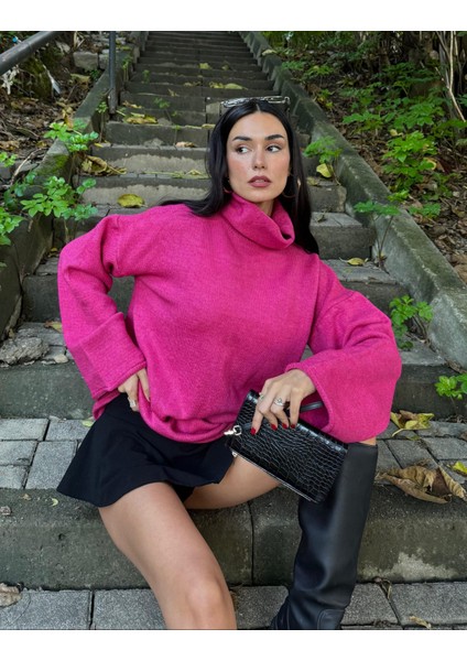 Pembe Yumoş Oversize Balıkçı Yaka Triko Kazak 24309