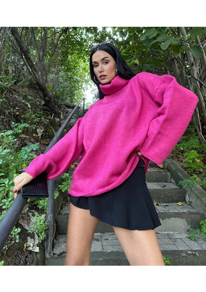 Pembe Yumoş Oversize Balıkçı Yaka Triko Kazak 24309