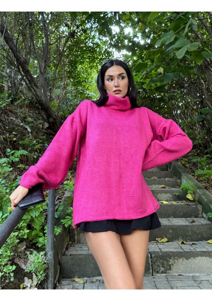 Pembe Yumoş Oversize Balıkçı Yaka Triko Kazak 24309