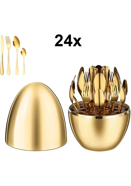 Çelik 24 Parça 6 Kişilik Yumurta Gold Yemek Kaşık Çatal Bıçak Set CIN741SR