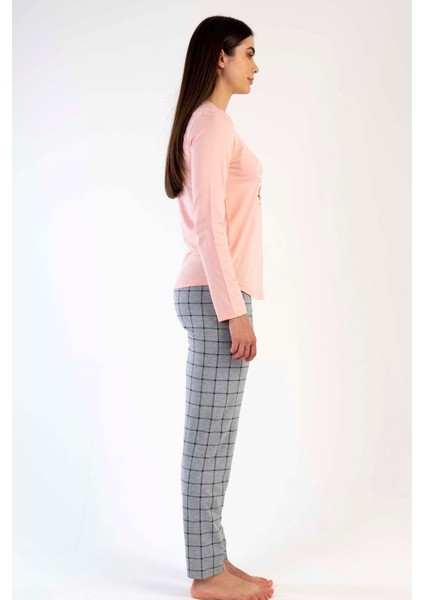 Kadın Somon Gri Uzun Kollu Yuvarlak Yaka Oval Etek Pamuklu Pijama Takımı Tam Kalıp