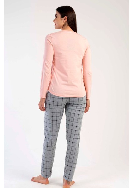 Kadın Somon Gri Uzun Kollu Yuvarlak Yaka Oval Etek Pamuklu Pijama Takımı Tam Kalıp fiyatları