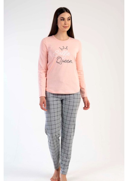 Kadın Somon Gri Uzun Kollu Yuvarlak Yaka Oval Etek Pamuklu Pijama Takımı Tam Kalıp modelleri