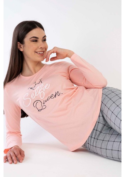 Kadın Somon Gri Uzun Kollu Yuvarlak Yaka Oval Etek Pamuklu Pijama Takımı Tam Kalıp fırsatları