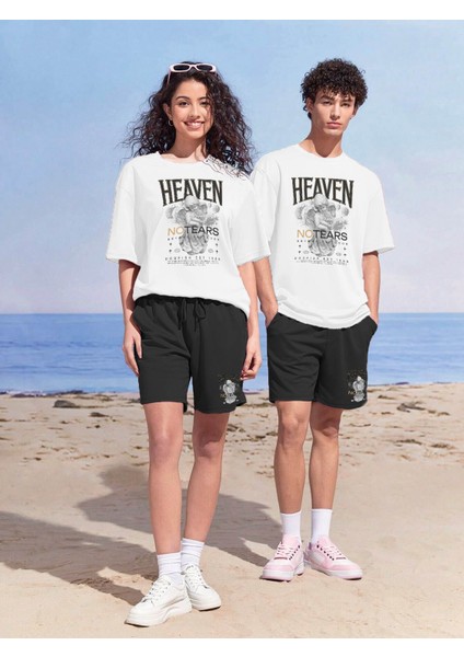 Sevgili Çift Kombini Tişört-Şort Forevercool Baskılı Oversize Beyaz