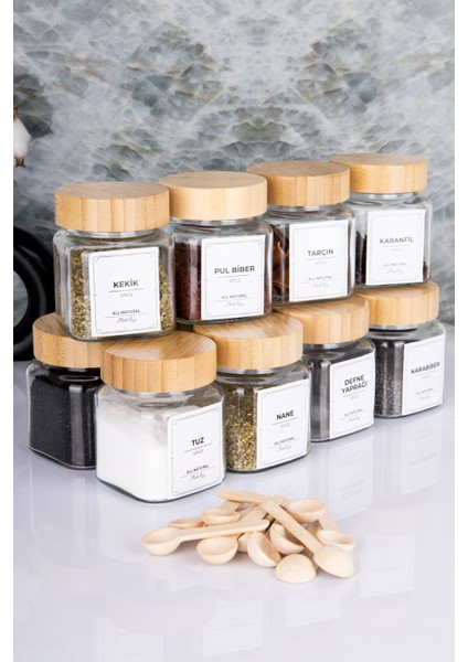 Etiketli Bambu Kapaklı 300 ml 12 Adet Kavanoz ve 12 Adet Mini Baharat Kaşığı -24 Parça Baharat Seti