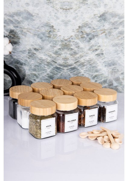 Etiketli Bambu Kapaklı 300 ml 12 Adet Kavanoz ve 12 Adet Mini Baharat Kaşığı -24 Parça Baharat Seti fırsatları