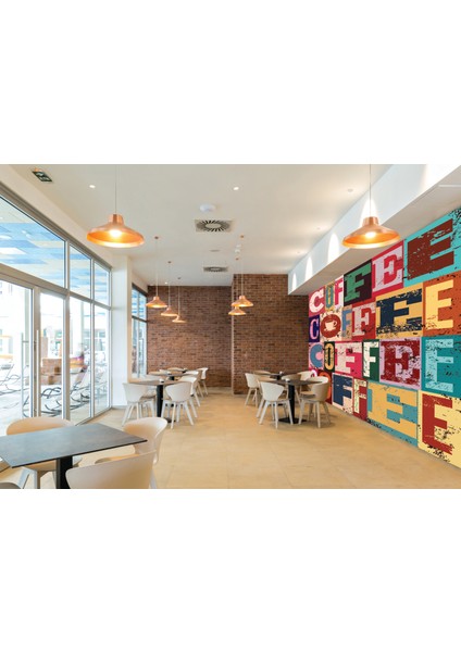 Renkli Coffee Yazı Temalı Tek Parça Duvar Kağıdı
