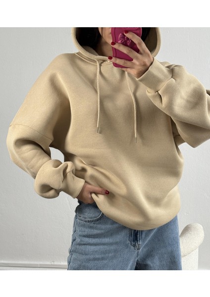 Kum Beji Şardonlu Kapşonlu Oversize Basic Sweatshirt 26259