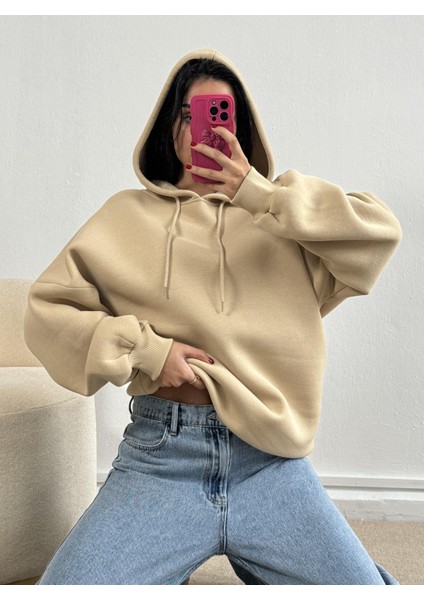 Kum Beji Şardonlu Kapşonlu Oversize Basic Sweatshirt 26259